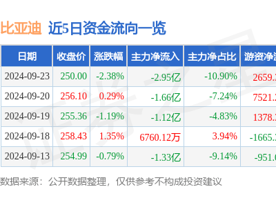 比亞迪9月23日主力資金凈流出2.95億，發(fā)生了什么？