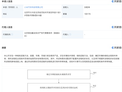 小米汽車新專利曝光，自動恢復相機軟件異常？