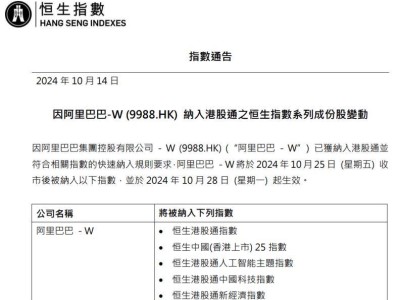 10月28日起，阿里巴巴將被納入恒生港股通指數！