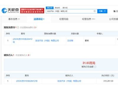 法拉第未來(lái)國(guó)內(nèi)公司遭限消，此前強(qiáng)制執(zhí)行超31萬(wàn)