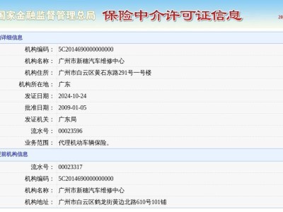 廣州市新穗汽車維修中心保險中介許可證，2024年新證換發(fā)