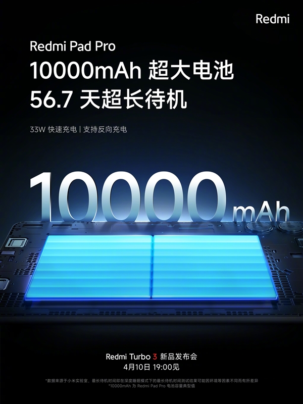 待機(jī)時(shí)長(zhǎng)56.7天！Redmi Pad Pro內(nèi)置10000mAh電池 支持33W快充