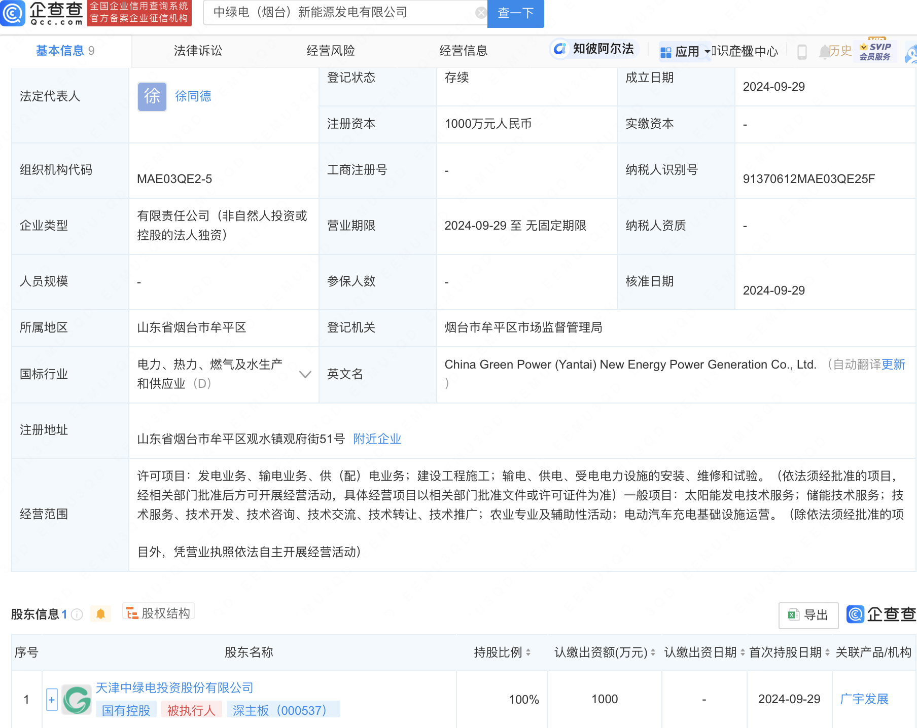 中綠電（煙臺）新能源發(fā)電有限公司相關信息