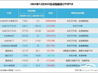 本土品牌霸榜！2024年12月SUV投訴指數(shù)哪些車(chē)企被點(diǎn)名？