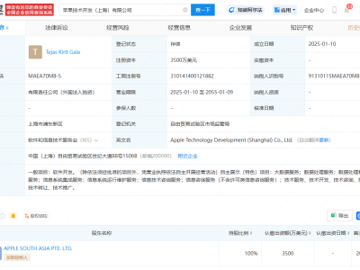 蘋果在上海成立新公司，經(jīng)營范圍含大數(shù)據(jù)服務