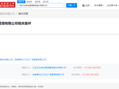 萬達(dá)商管及成都青白江萬達(dá)成被執(zhí)行人，執(zhí)行標(biāo)的超1.37億