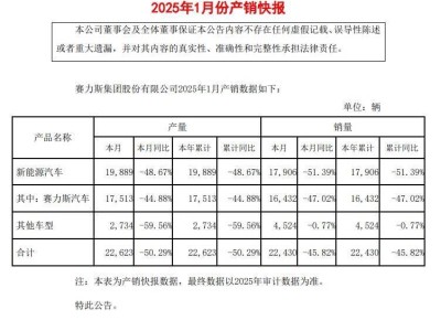 賽力斯汽車2025年1月銷量下滑近半，問(wèn)界系列表現(xiàn)如何？