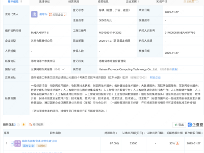 海南新成立算力科技公司，注冊(cè)資本高達(dá)5億，聚焦物聯(lián)網(wǎng)與大數(shù)據(jù)